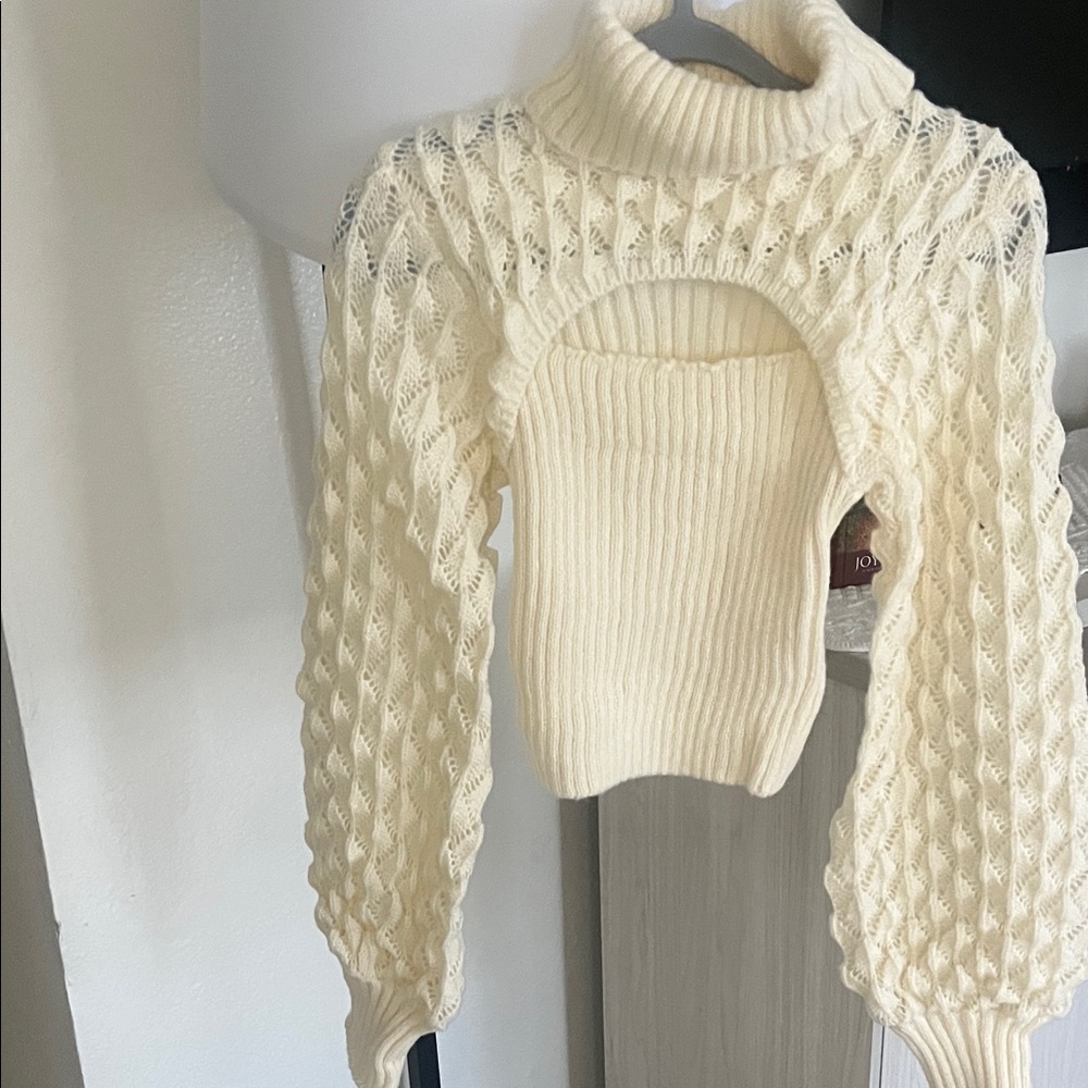 Cream Turtleneck Cutout Cable-Knit Women’s Sweater